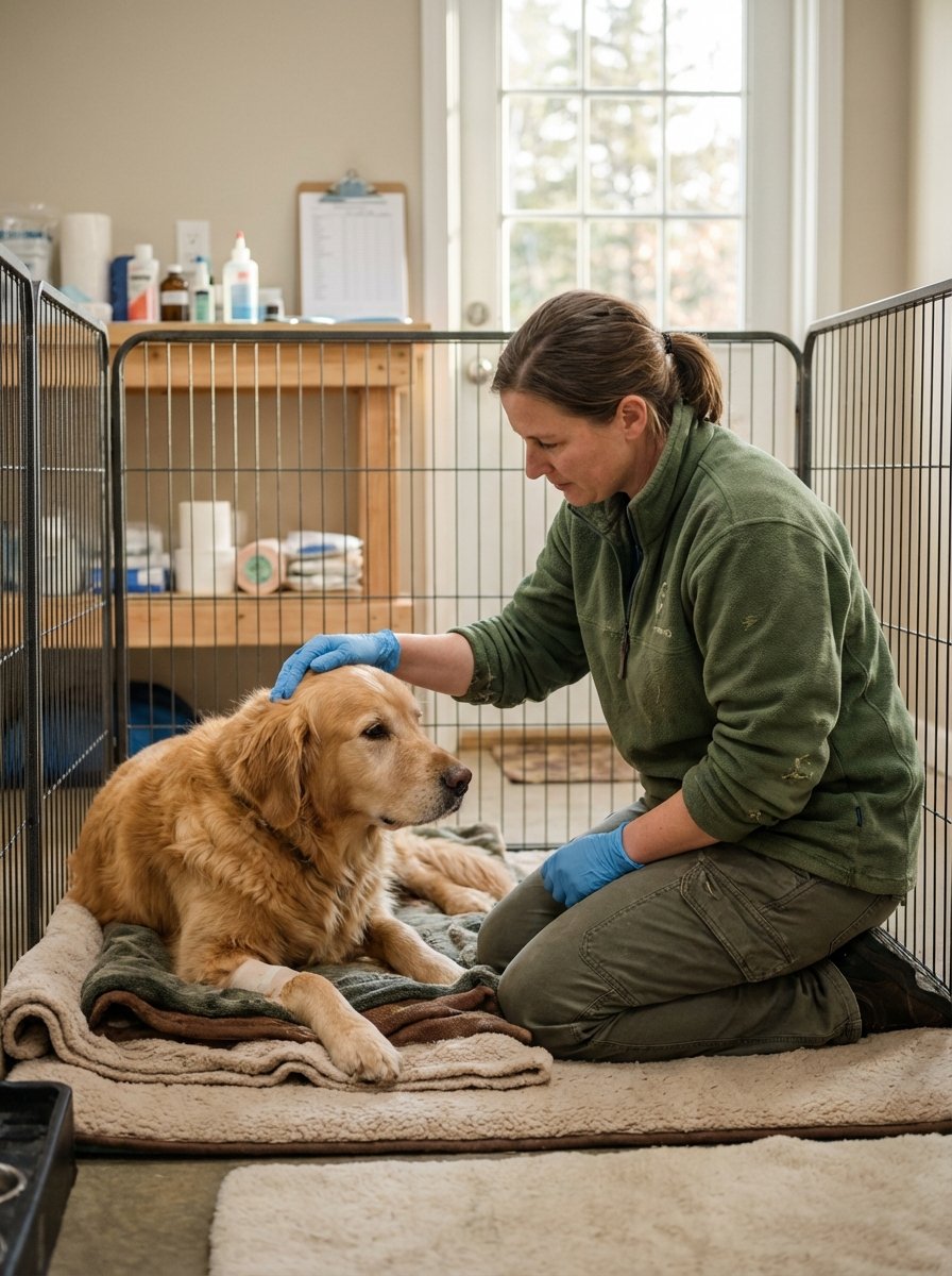 Caregiver assisting a rescued animal in a rehabilitation setting
