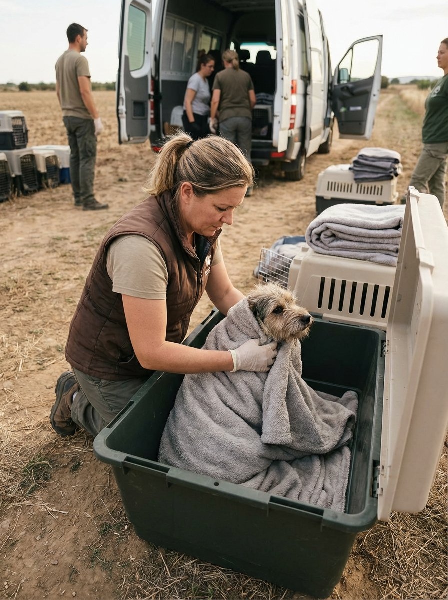 Volunteer helping a rescued dog during animal rescue support